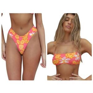 NWT Stone Fox Swim SET Bliss Top and Nola Bottom Lei Lei Floral Orange Revolve